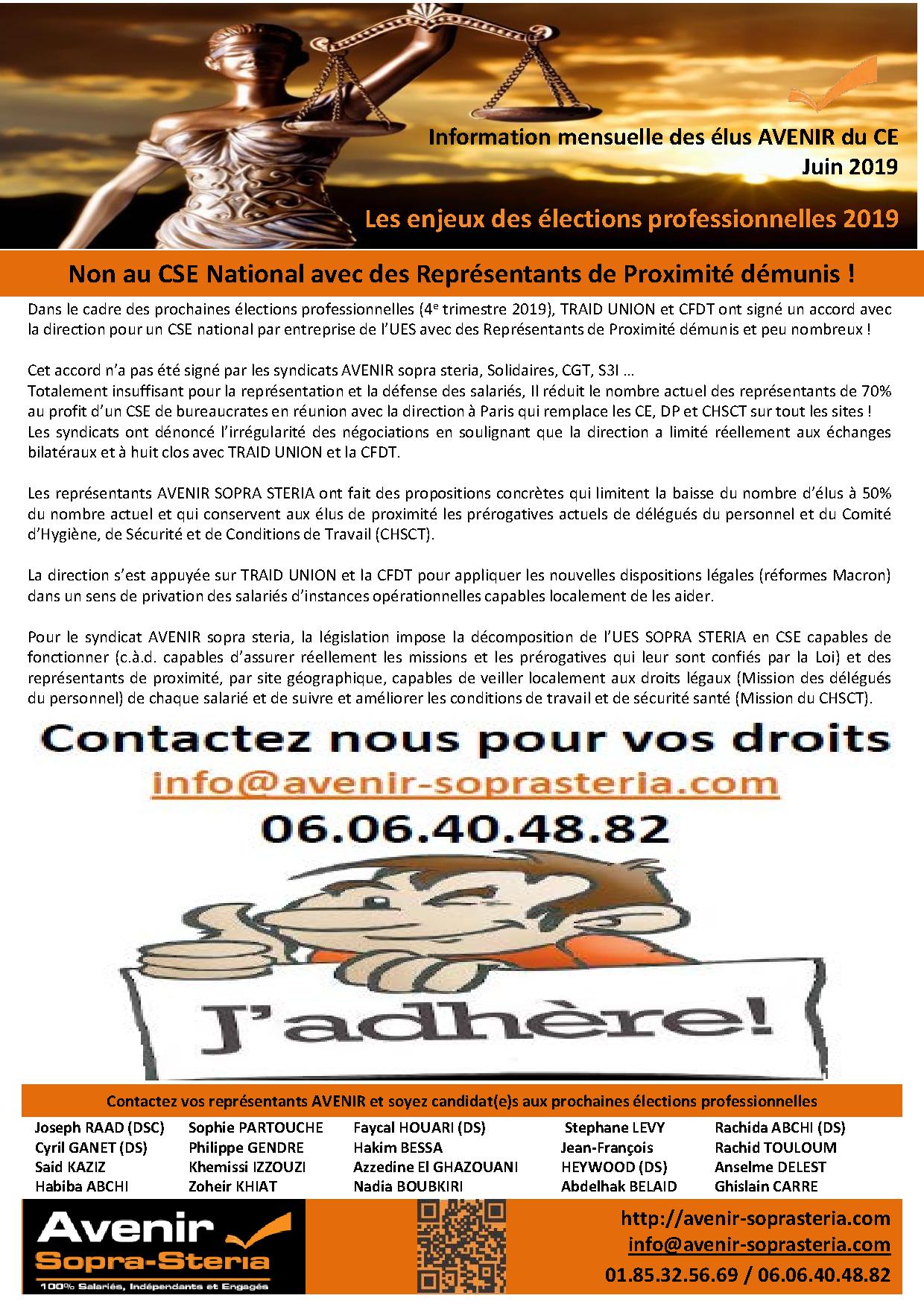 Communication mensuelle des elus  AVENIR du CE  Juin 2019