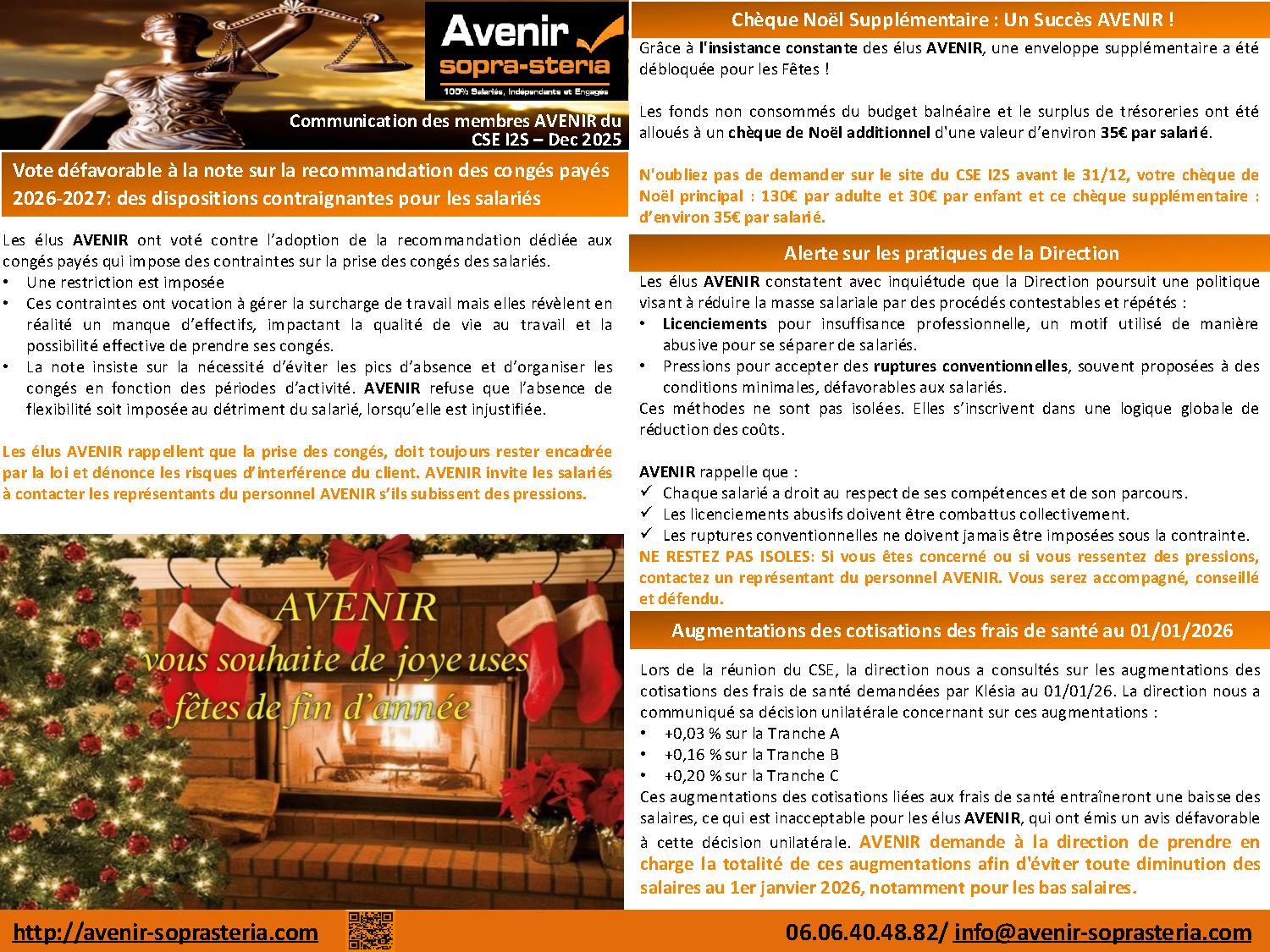 Communication mensuelle des elus AVENIR au CSE I2S Dec 2025