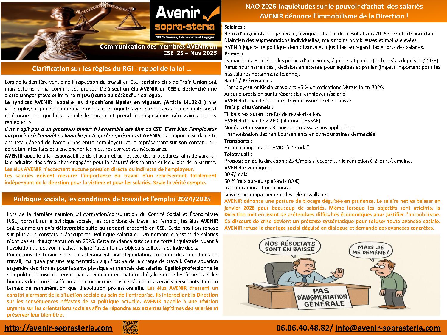 Communication mensuelle des elus AVENIR au CSE I2S Nov 2025 