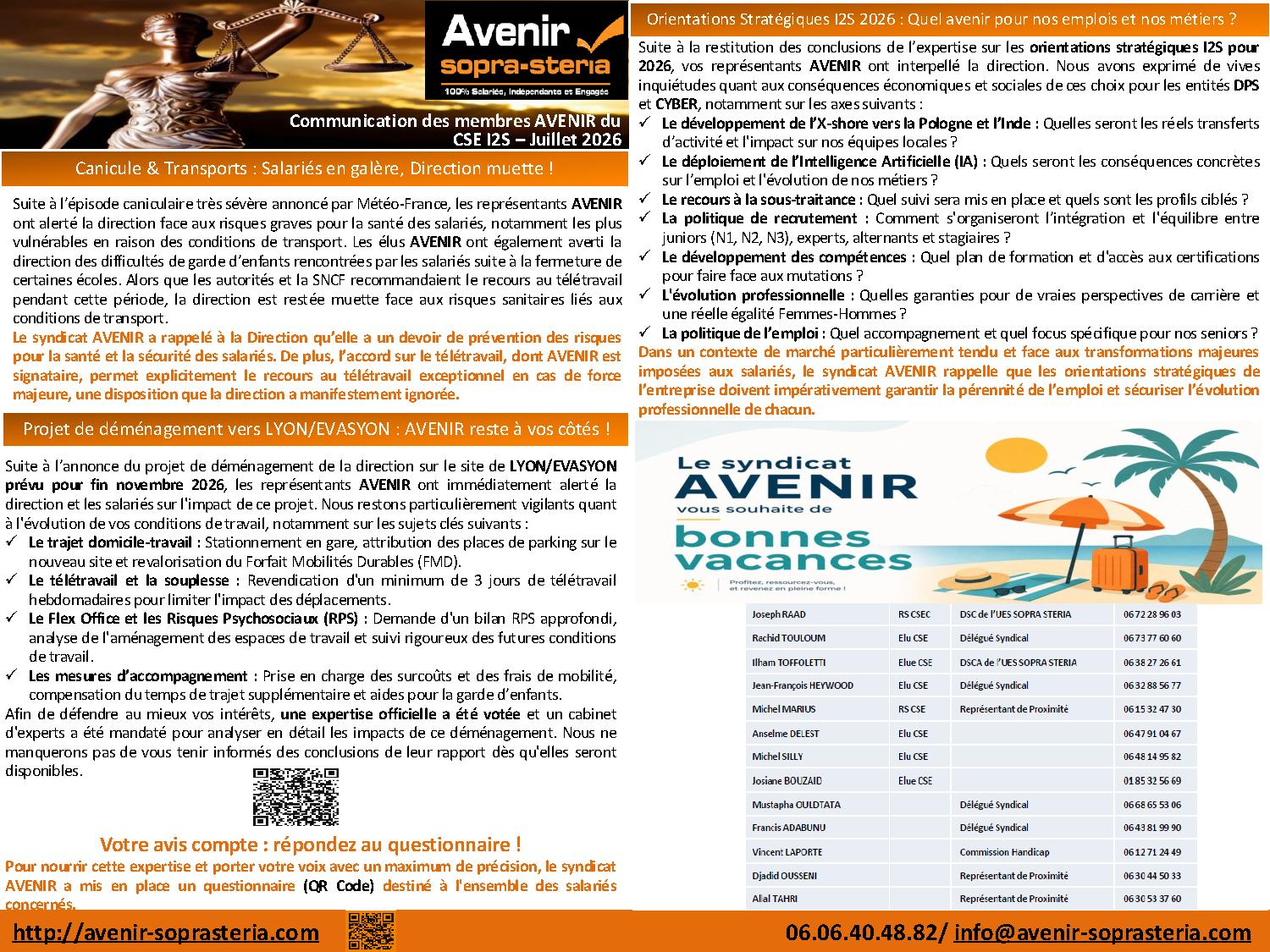 Communication mensuelle des elus AVENIR au CSEE I2S Juillet 2026
