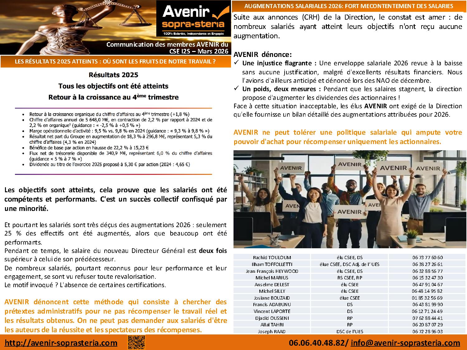 Communication mensuelle des elus AVENIR au CSEE I2S Mars 2026