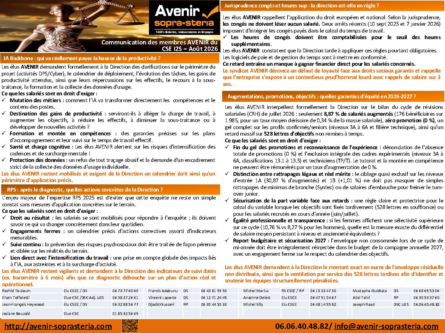 Communication mensuelle des elus AVENIR au CSEE I2S Sept 2026