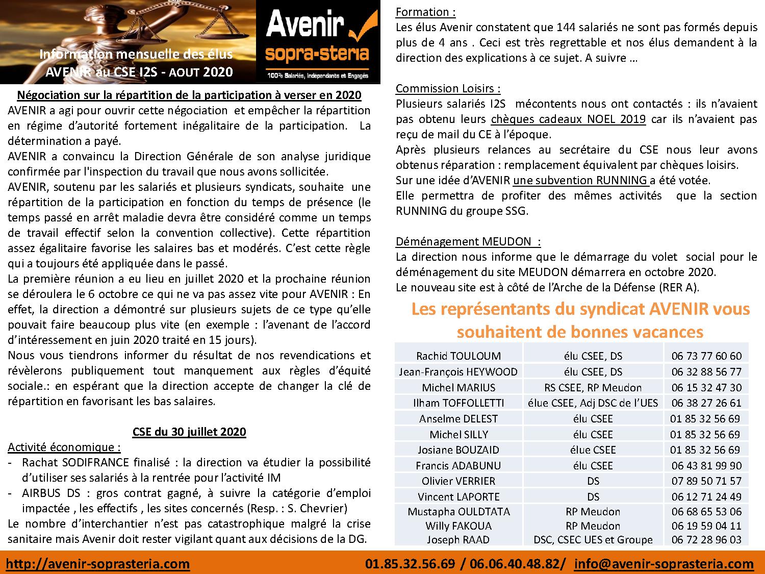 Communication mensuelle des elus du CSEE AOUT2020