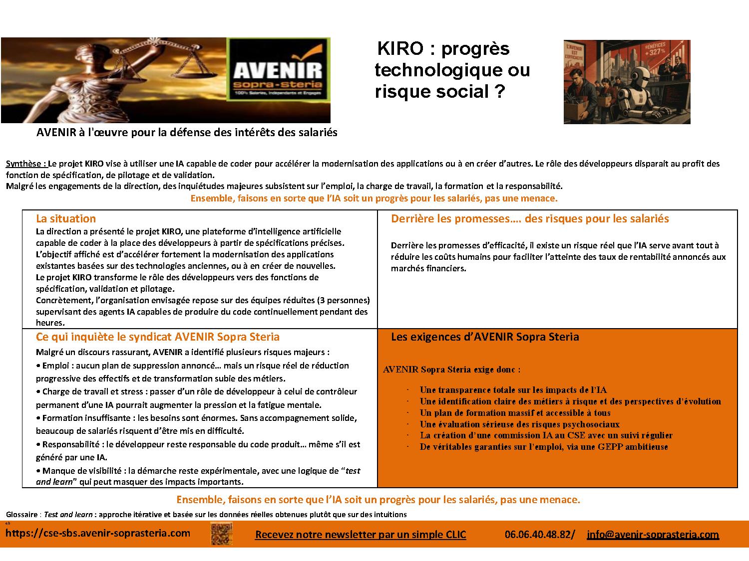 KIRO progrès technologique ou risque social sbs avril 2026