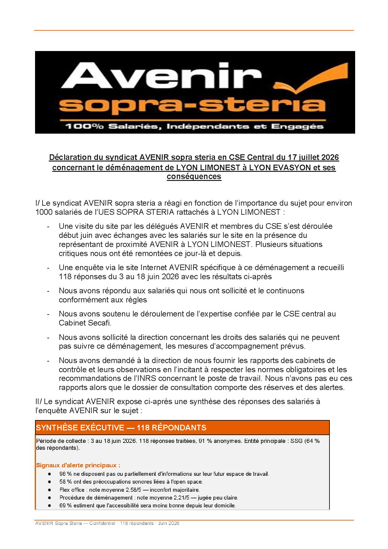 Demenagement vers LYON EVASYON Declaration du syndicat AVENIR sopra steria au CSEC UES du 17 juillet 2026
